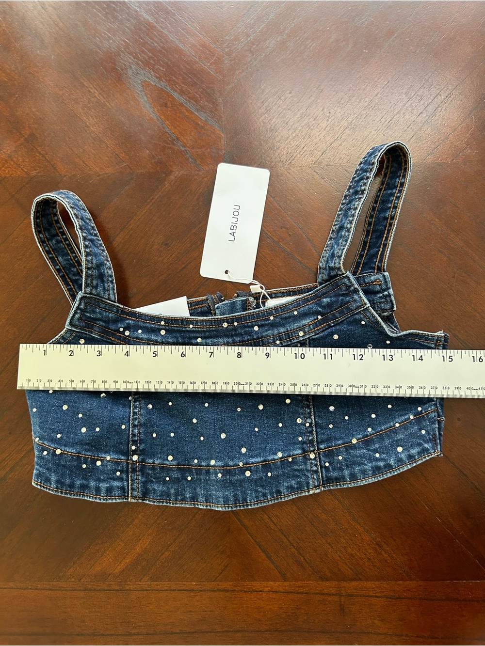 Labijou Dark Blue Denim Pearl-Embellished Crop Top size s - Picture 3 of 5